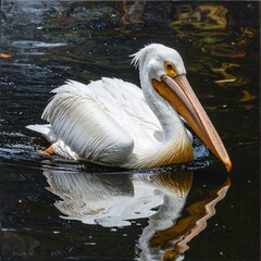 White pelican floats on dark water, reflection visible