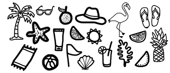 Adorable vector illustration of a beach doodle collection, perfect for a happy summer vacation and tropical holiday design