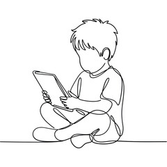 Child sitting cross legged reading on a tablet