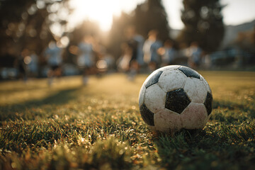 A group of diverse soccer players dribble and pass the ball on a sunny day, the ball resting on the green grass in the foreground