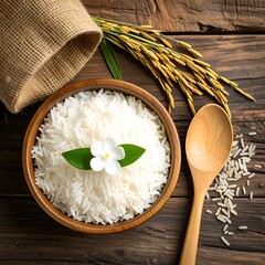 Wooden bowl of white rice, floral garnish