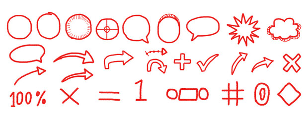 Collection of Red Hand-Drawn Doodle Symbols: Sketchy Arrows, Speech Bubbles, Checkmarks, and Math Icons for Comics, UI Overlays, or Accent Graphic Elements