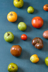 Variety of heirloom tomatoes on blue background
