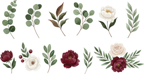 Watercolor floral arrangement with eucalyptus leaves and roses on transparent background