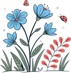 Charming floral vector with blue blossoms, green leaves, red foliage, a butterfly, and a ladybug, perfect for spring designs, décor, and invitations.