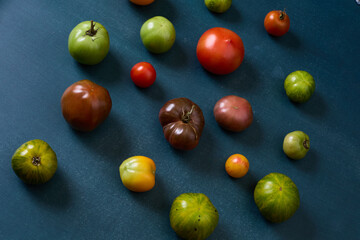 Variety of heirloom tomatoes on blue background

