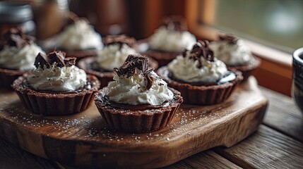 Chocolate mini tarts topped with whipped cream and chocolate pieces.