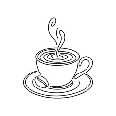Steaming coffee cup with bean on saucer simple line art