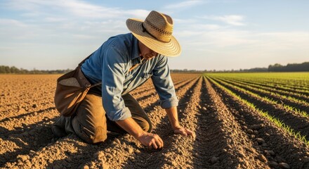 A farmer kneeling in a plowed field, examining the soil with a keen eye.