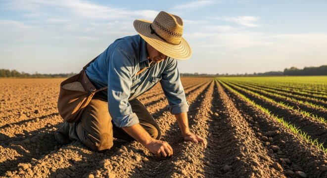 A farmer kneeling in a plowed field, examining the soil with a keen eye.