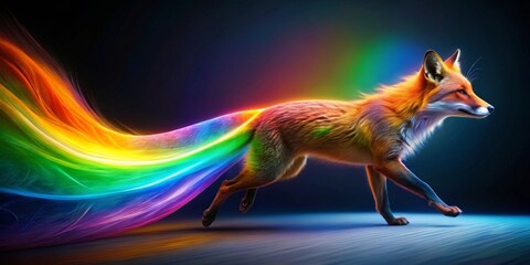A vibrant fox with a rainbow-hued tail gracefully runs across a sleek surface, its fur shimmering with an ethereal glow.