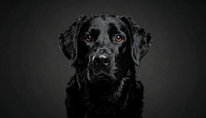 Obraz premium A black Labrador stares intently at the camera against a dark background