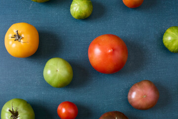 Variety of heirloom tomatoes on blue background
