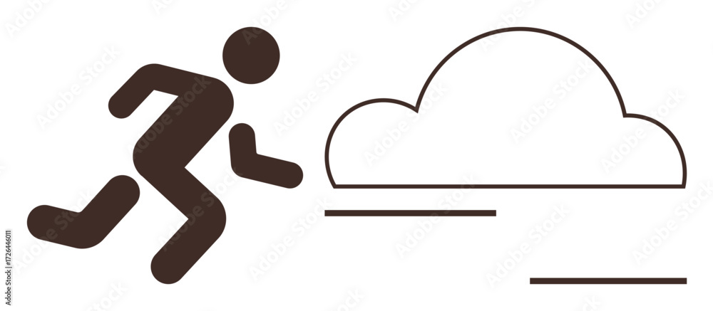Poster simplified figure in motion running toward abstract cloud with linear details suggesting speed. idea