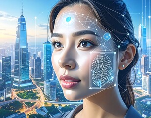 Woman's face overlaid with futuristic biometric data, city skyline background