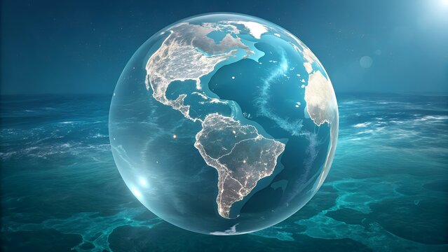 Ultra HD 3D Glass Crystal World Map on Ocean Blue Gradient Background – Futuristic Hyper-Realistic Design - Powered by Adobe