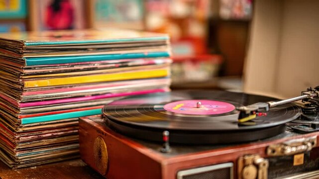 Melody's Echo: A vintage record player spins a vinyl disc, accompanied by a stack of cherished albums, showcasing the warm, nostalgic sound of classic music. 