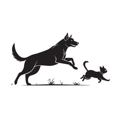 Dog and Cat Chasing Silhouette – Playful Pet Vector, Black Animal Silhouette on White Background