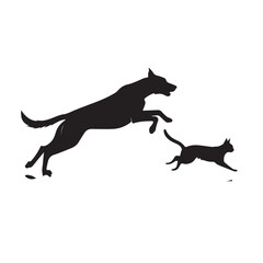 Dog and Cat Chasing Silhouette – Playful Pet Vector, Black Animal Silhouette on White Background