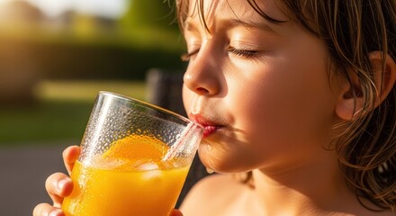A young child drinking orange juice outdoors.