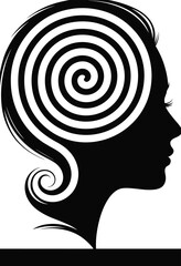 Woman profile silhouette, spiral mind design, black and white vector, abstract psychological concept, hypnotic head illustration, introspective art, surreal feminine portrait, mental focus