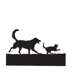 Dog and Cat Chasing Silhouette – Playful Pet Vector, Black Animal Silhouette on White Background