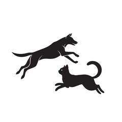 Dog and Cat Chasing Silhouette – Playful Pet Vector, Black Animal Silhouette on White Background