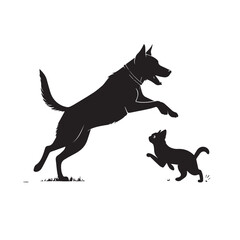 Dog and Cat Chasing Silhouette – Playful Pet Vector, Black Animal Silhouette on White Background