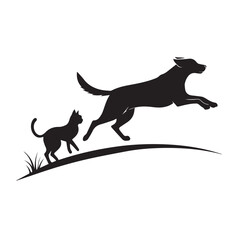 Dog and Cat Chasing Silhouette – Playful Pet Vector, Black Animal Silhouette on White Background