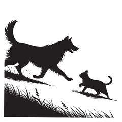 Dog and Cat Chasing Silhouette – Playful Pet Vector, Black Animal Silhouette on White Background