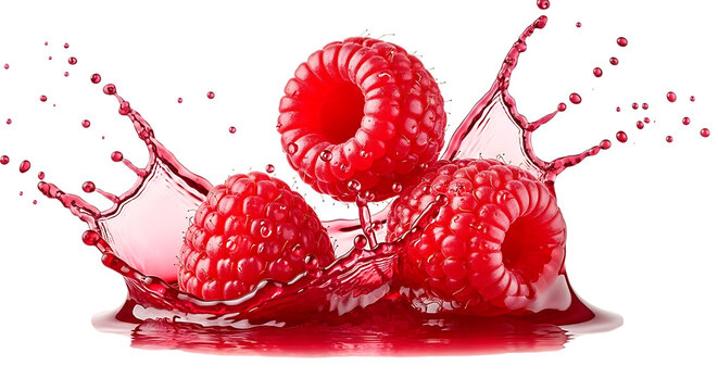 Three Raspberries Splashing in Red Juice fruit