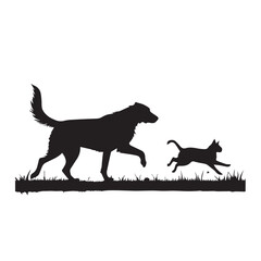 Dog and Cat Chasing Silhouette – Playful Pet Vector, Black Animal Silhouette on White Background