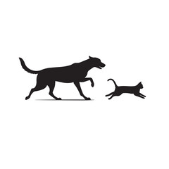 Dog and Cat Chasing Silhouette &ndash; Playful Pet Vector, Black Animal Silhouette on White Background