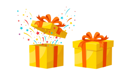 Two Yellow Gift Boxes with Orange Ribbons and Confetti