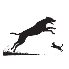 Dog and Cat Chasing Silhouette – Playful Pet Vector, Black Animal Silhouette on White Background