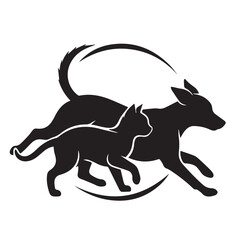 Dog and Cat Chasing Silhouette – Playful Pet Vector, Black Animal Silhouette on White Background
