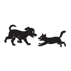 Dog and Cat Chasing Silhouette – Playful Pet Vector, Black Animal Silhouette on White Background