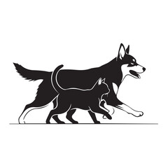 Dog and Cat Chasing Silhouette – Playful Pet Vector, Black Animal Silhouette on White Background