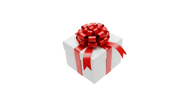 White Gift Box With Red Ribbon Bow On Black Background