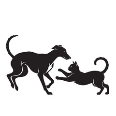 Dog and Cat Chasing Silhouette – Playful Pet Vector, Black Animal Silhouette on White Background