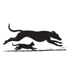 Dog and Cat Chasing Silhouette – Playful Pet Vector, Black Animal Silhouette on White Background