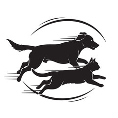 Dog and Cat Chasing Silhouette – Playful Pet Vector, Black Animal Silhouette on White Background