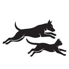 Dog and Cat Chasing Silhouette – Playful Pet Vector, Black Animal Silhouette on White Background