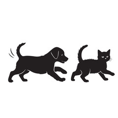 Dog and Cat Chasing Silhouette – Playful Pet Vector, Black Animal Silhouette on White Background