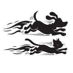 Dog and Cat Chasing Silhouette – Playful Pet Vector, Black Animal Silhouette on White Background