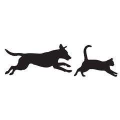 Dog and Cat Chasing Silhouette – Playful Pet Vector, Black Animal Silhouette on White Background