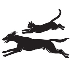 Dog and Cat Chasing Silhouette – Playful Pet Vector, Black Animal Silhouette on White Background