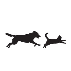 Dog and Cat Chasing Silhouette – Playful Pet Vector, Black Animal Silhouette on White Background