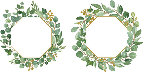 Two elegant watercolor eucalyptus leaf frames with golden hexagonal borders on transparent background © Kuntol02