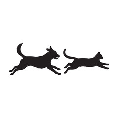 Dog and Cat Chasing Silhouette – Playful Pet Vector, Black Animal Silhouette on White Background